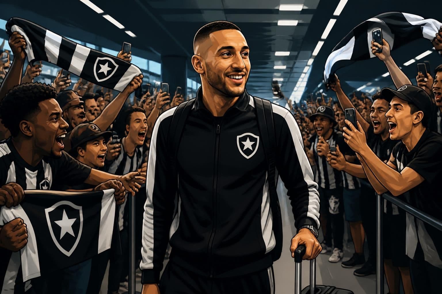 Ziyech chega ao Botafogo e é aplaudido no Galeão