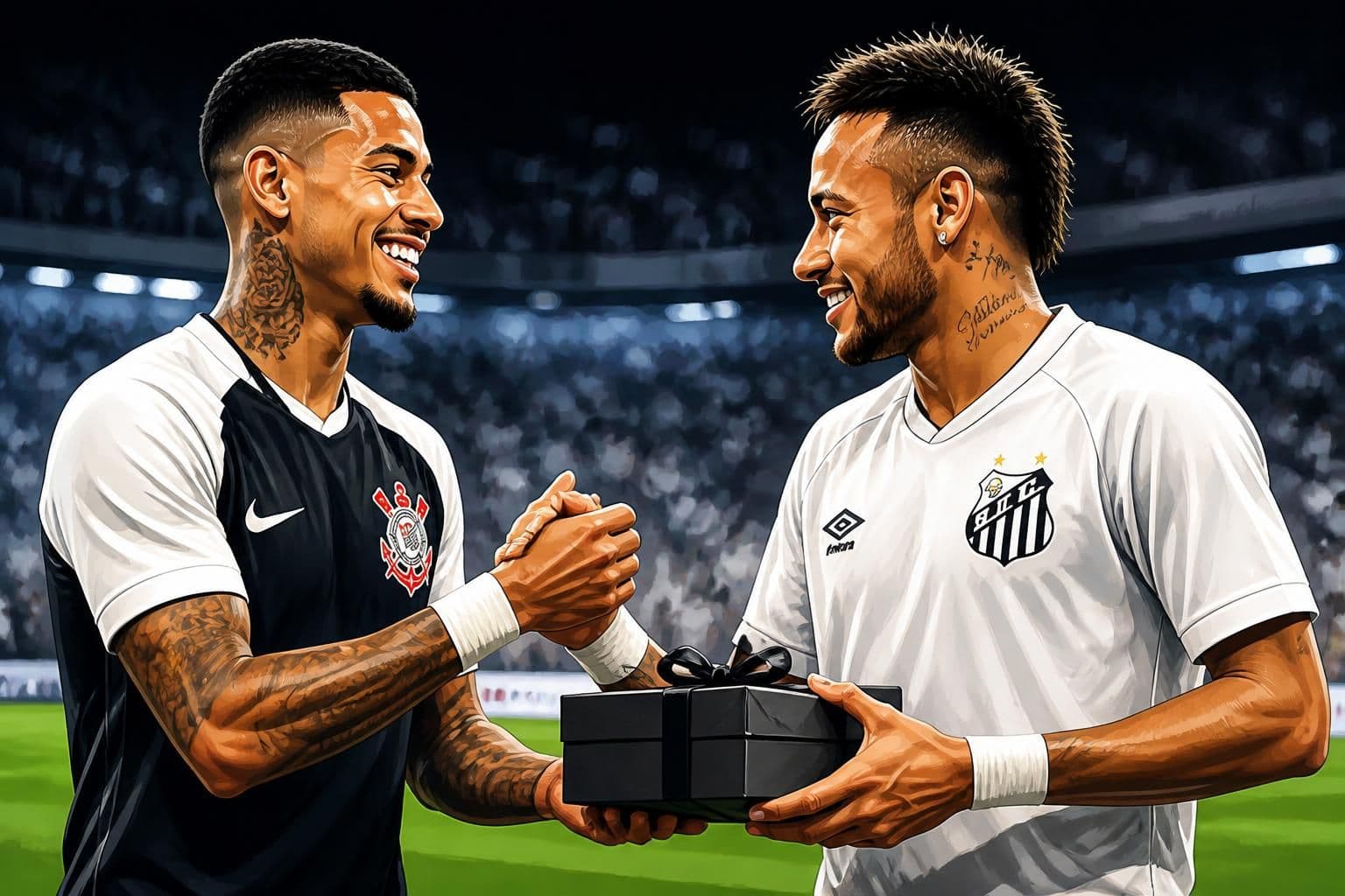 Matheuzinho presenteia Neymar com perfume após vitória do Santos
