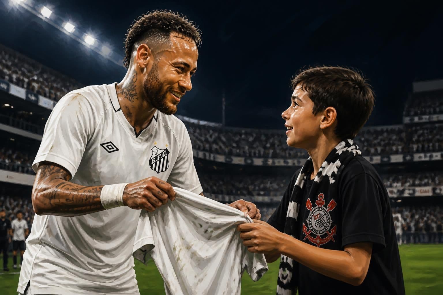 Neymar dá camisa para torcedor do Corinthians após clássico